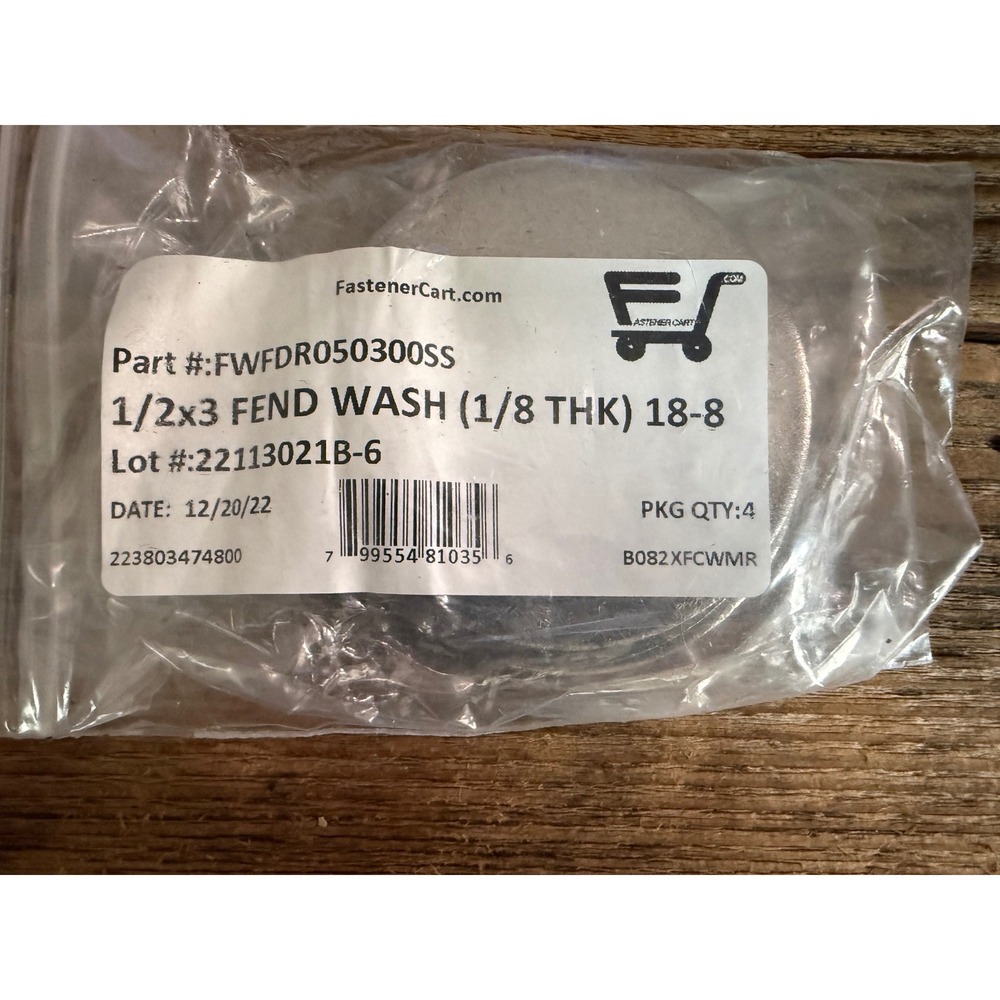 FastenerCart Fender Washers 1/2 x 3 1/8 THK 18-8 Stainless Steel 4 PK
